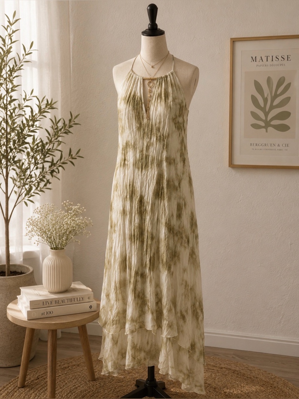 Green and Cream Halter Maxi Sundress